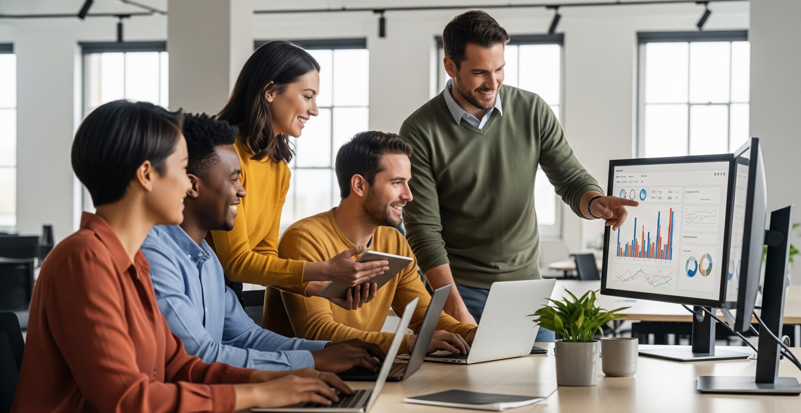 Eine Gruppe von Menschen vor einem großen Bildschirm im Büro