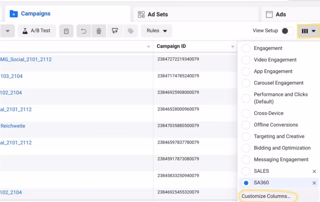 SA360 Facebook Integration Guide - Step 3: Spaltenansicht anpassen