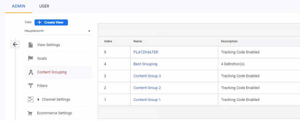 Content Group Erstellung über das Analytics Interface