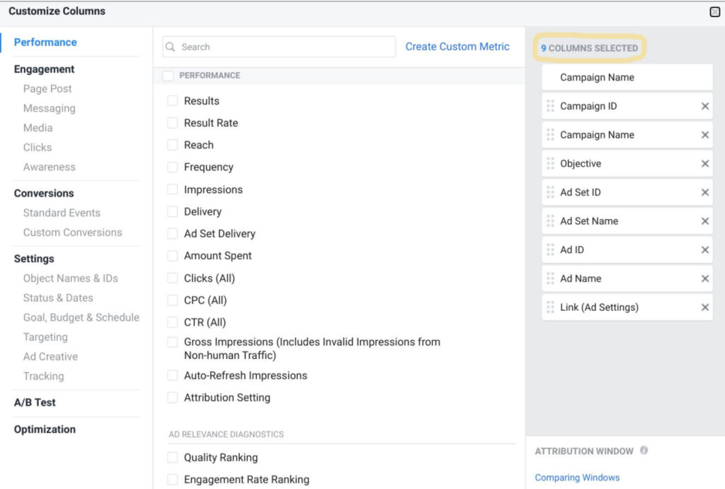 SA360 Facebook Integration Guide - Step 3: Spaltenansicht anpassen