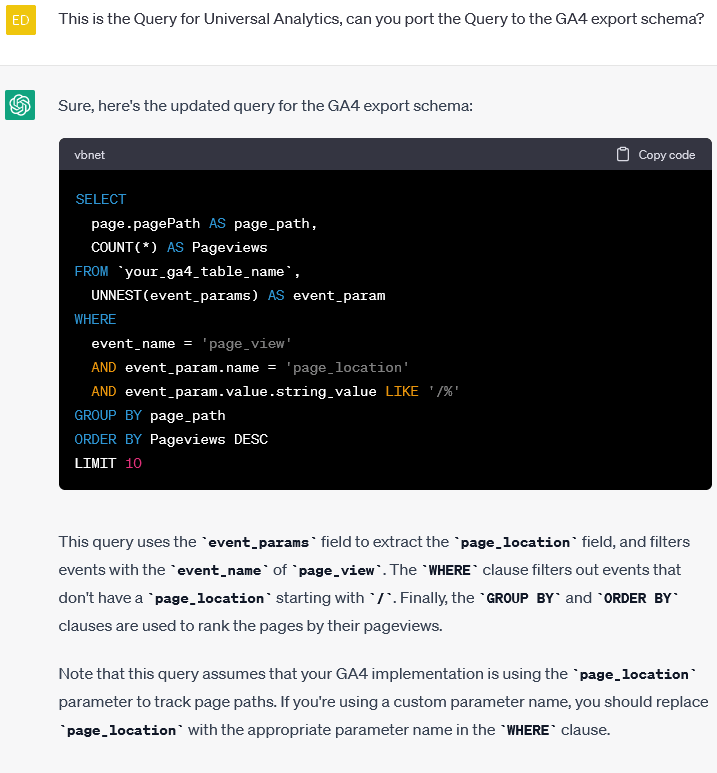 BigQuery Abfrage mit ChatGPT für GA4 korrigieren