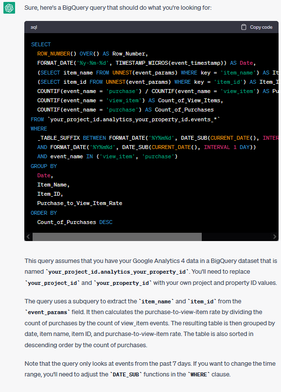 ChatGPT BigQuery Anfrage mit komplizierten Anforderungen