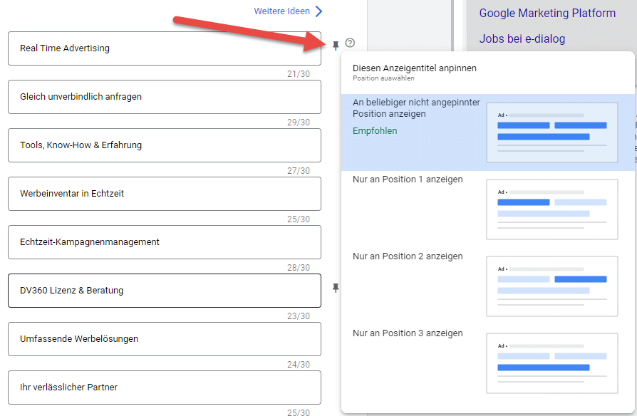 Responsive Search Ads - Anpinnen Anzeigentitelposition