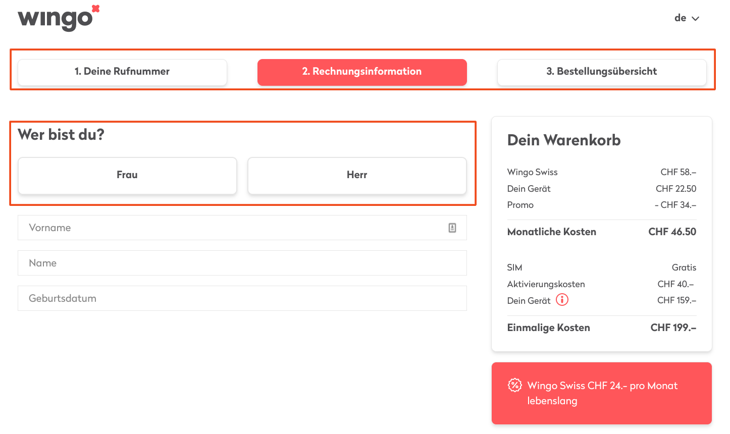 Checkout Aufteilung des Formulars Beispiel Wingo