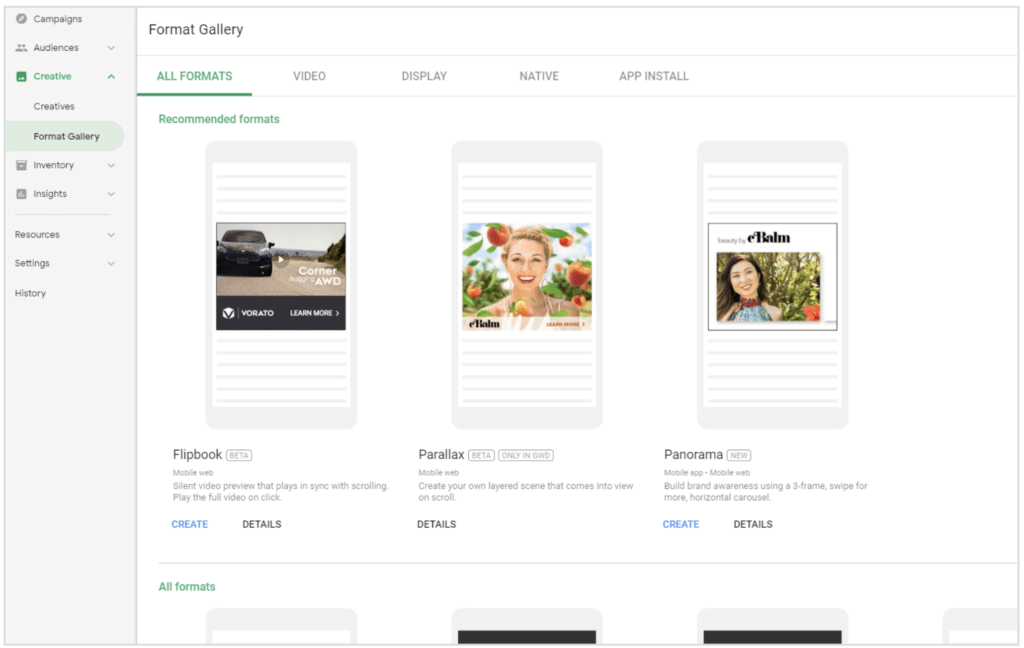 Format Gallery in Display & Video 360