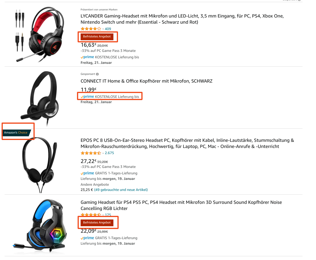 Kennzeichnung von Produkten auf der Kategorieseite von Amazon