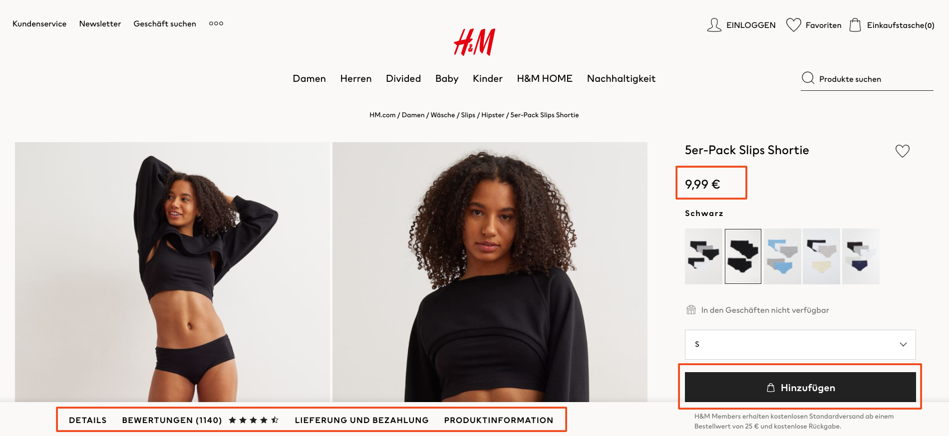 Produktseite mit optimaler Aufteilung und Kommunikation am Beispiel H&M