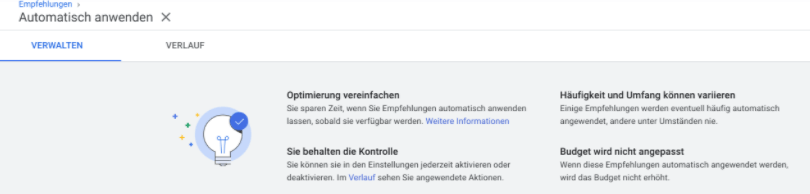 Google Search Ads automatisch anwendbare Empfehlungen