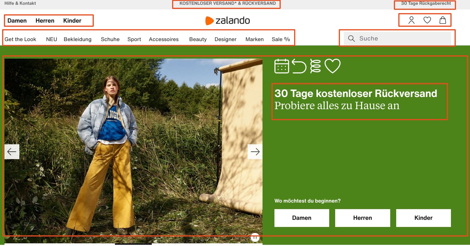 Startseite mit großem Hero Shot und Vorteilskommunikation am Beispiel Zalando
