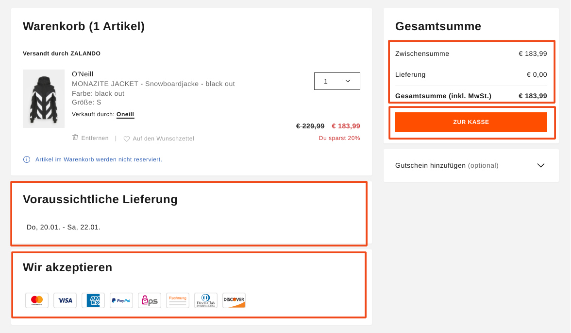 Warenkorb übersichtliche Gestaltung von Zalando