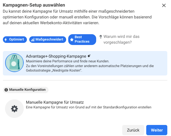 Advantage+ Shopping Kampagne - Step 2