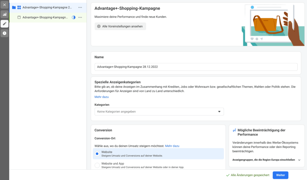 Advantage+ Shopping Kampagne - Step 3