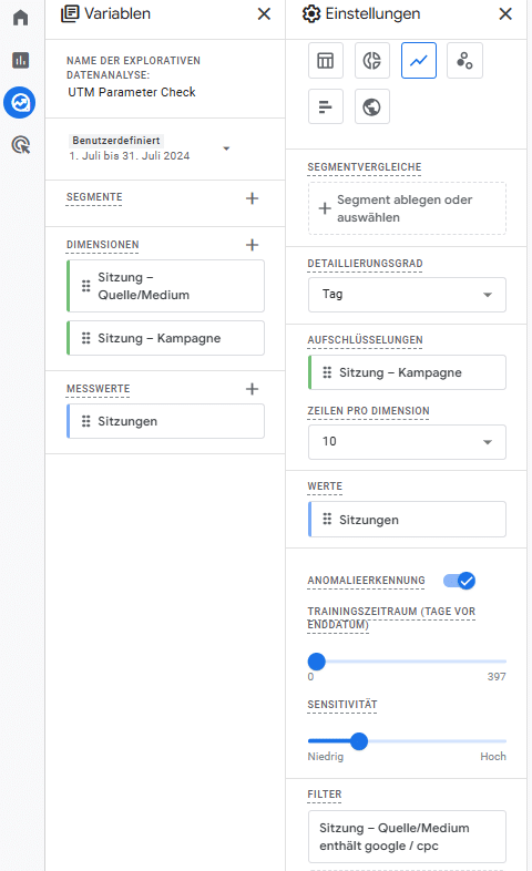 GA4 Einstellungen der explorativen Datenanalyse