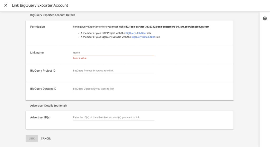 DV360 Verknüpfung mit BigQuery Exporter
