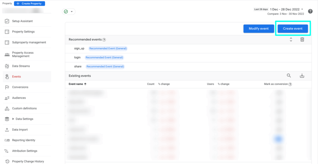 Create Event Feature im Admin Bereich der GA4 Property