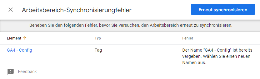 GTM Arbeitsbereich - Synchronisierungsfehler