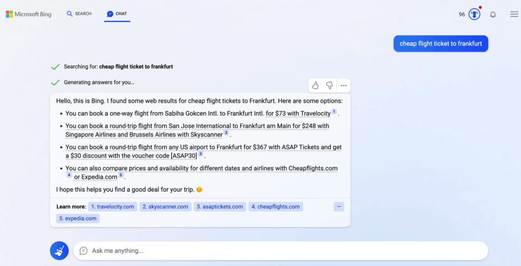 Microsoft Bing - Chat Answer