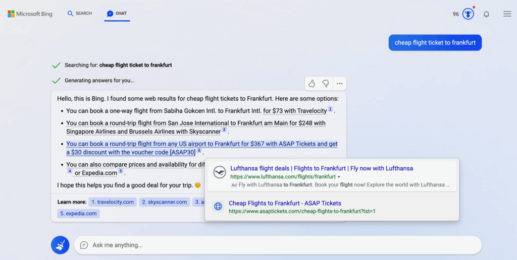 Microsoft Bing Chat Results Hover