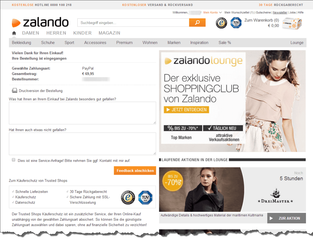 Zalando Danke Seite
