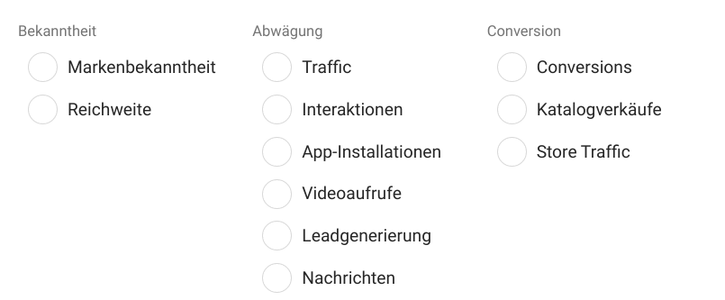 Facebook Kampagnenziele bisher