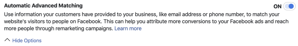 Advanced Matching - Facebook Settings