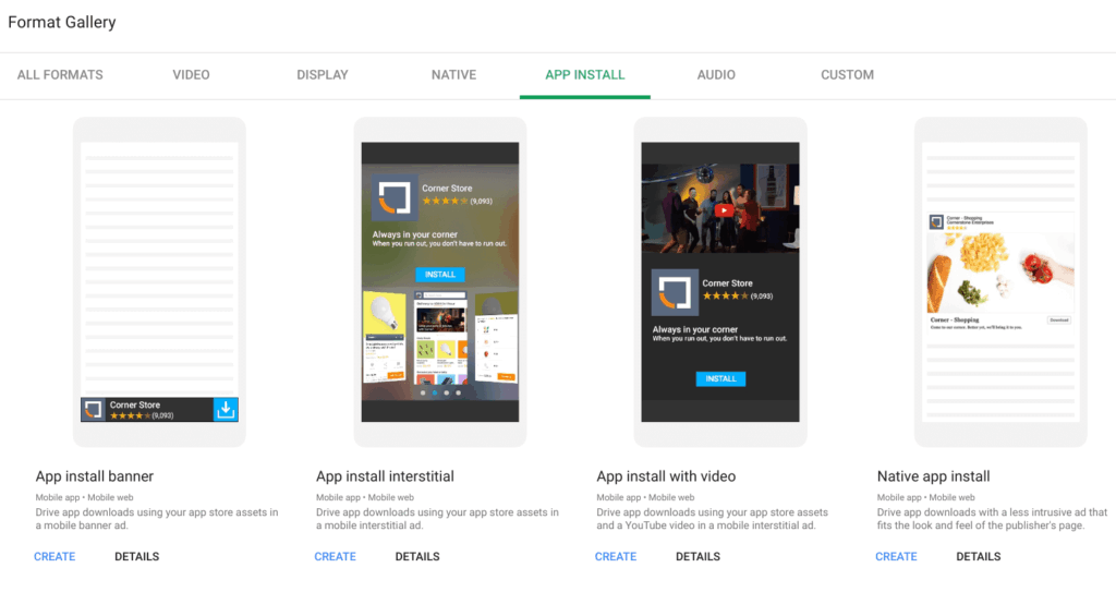 Format Gallery für App Install Kampagnen Creatives