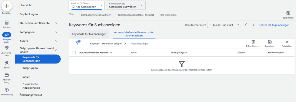 Google Ads Interface - Auszuschließende Keywords