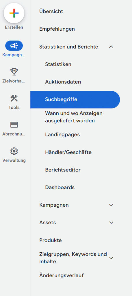 Google Ads Interface - Suchbegriffe