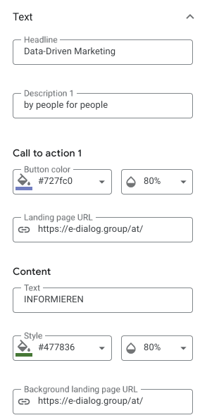 Format Gallery Textoptionen