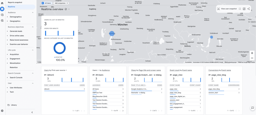 Startseite Realtime Reports in GA4