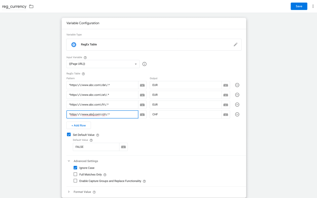 Regex Tabelle Currency