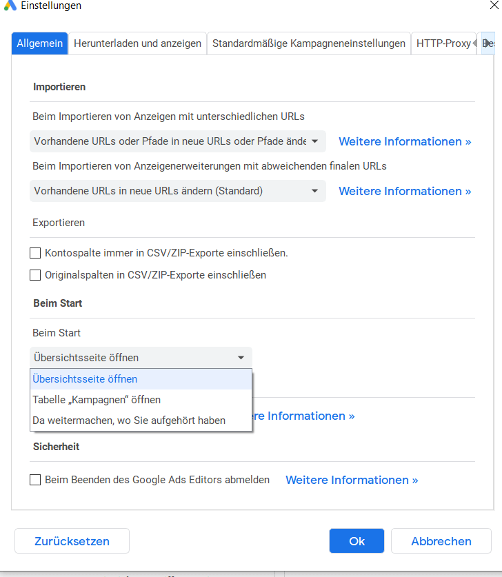 Blog Update Google Ads Editor - Initial View on Start-up