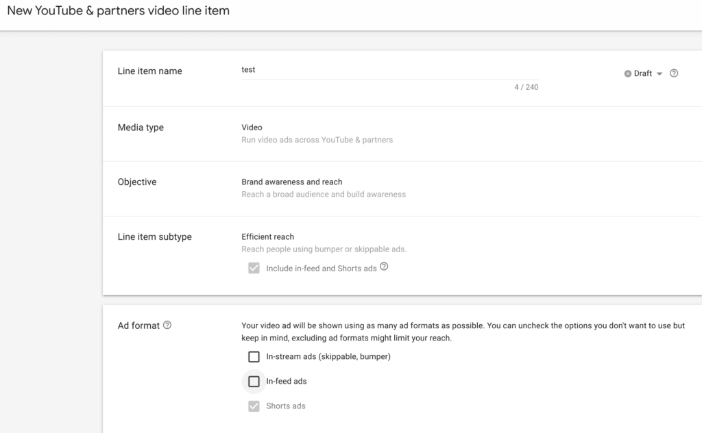 YouTube Shorts Ads - YouTube Efficient Reach Einstellungen in DV360