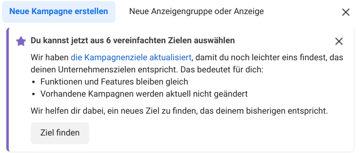 Facebook Kampagnenziele Dropdown