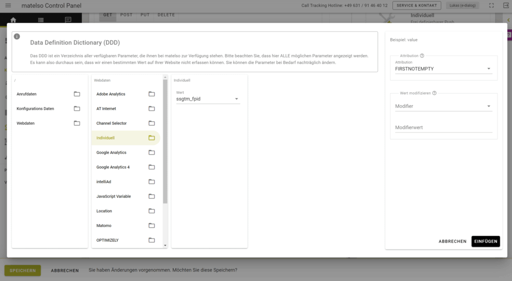 Telefontracking - Parameter in der Data Definition Directory