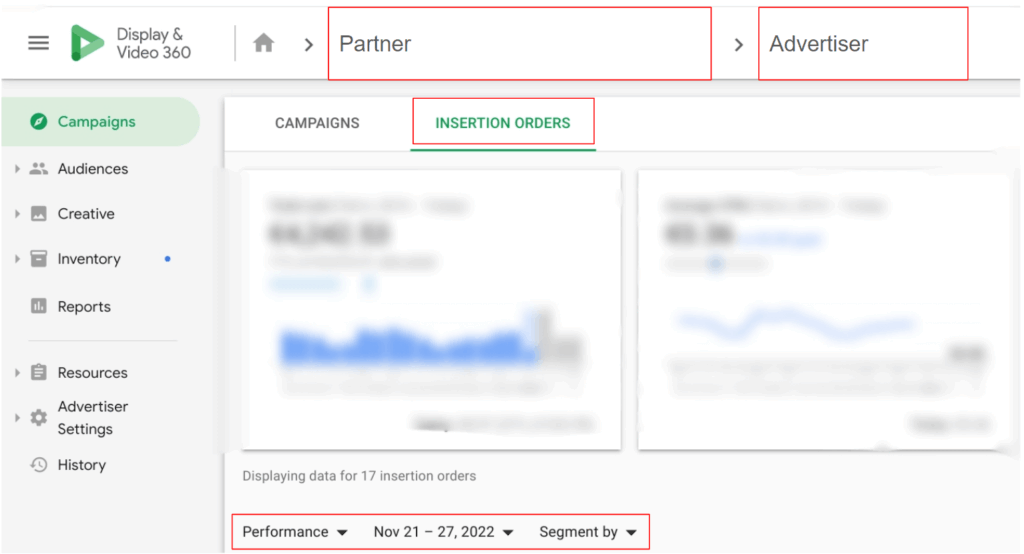 Ansichten auf Advertiser-Ebene in DV360