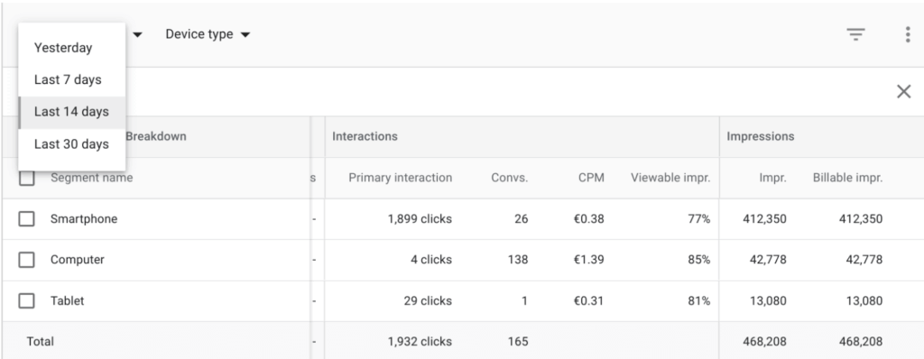 Zeitraum-Auswahl in der Segment-by Funktion im DV360 Workspace