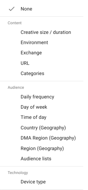 Segment-by Optionen in der Kampagnenebene Ansicht im DV360 Workspace