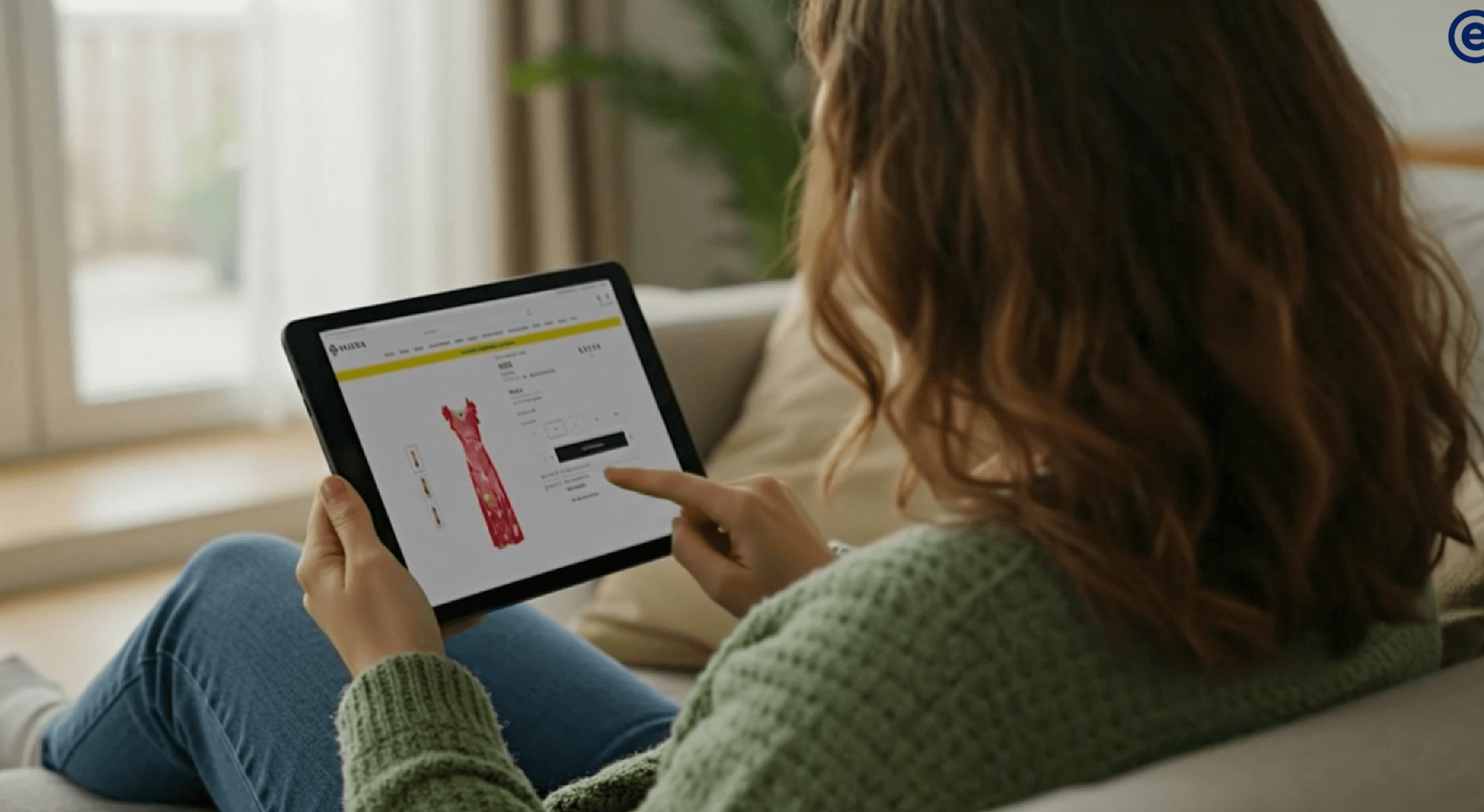 Frau kauft auf dem iPad ein Kleid