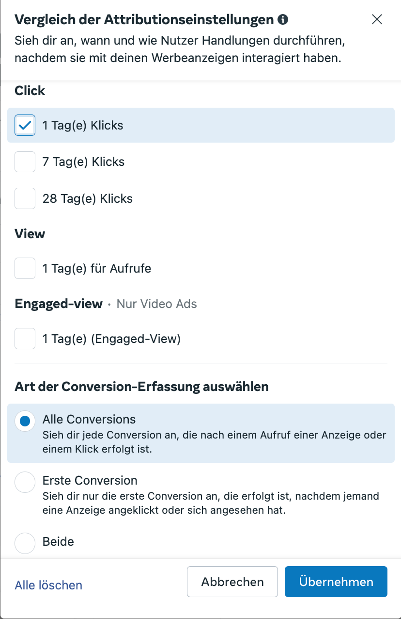Attributionseinstellungen Meta Ad Manager